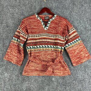 Bronson Sweater Womens Medium Fair Isle Pullover V Neck Tie Belt  Flare Sleeve